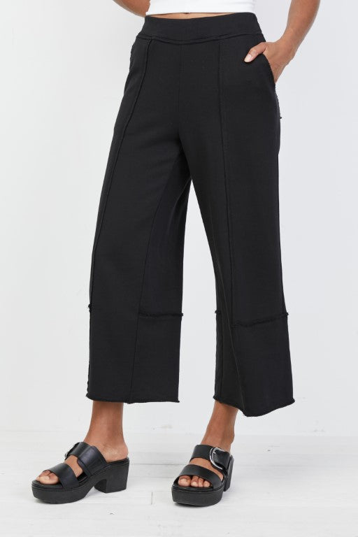 French Terry Wide Leg Crop Pant Black by