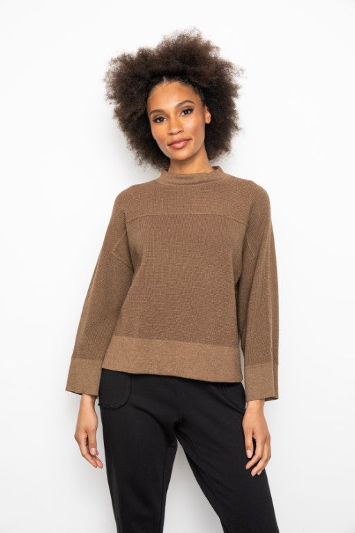 Thermal Knit Mock Neck Dolman Sleeve Knit Blouse