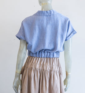 Linen V Neck Elastic Waistband Blouse