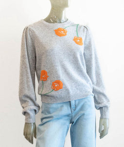 Isla Cashmere Flower Print Puff Sleeve Sweater