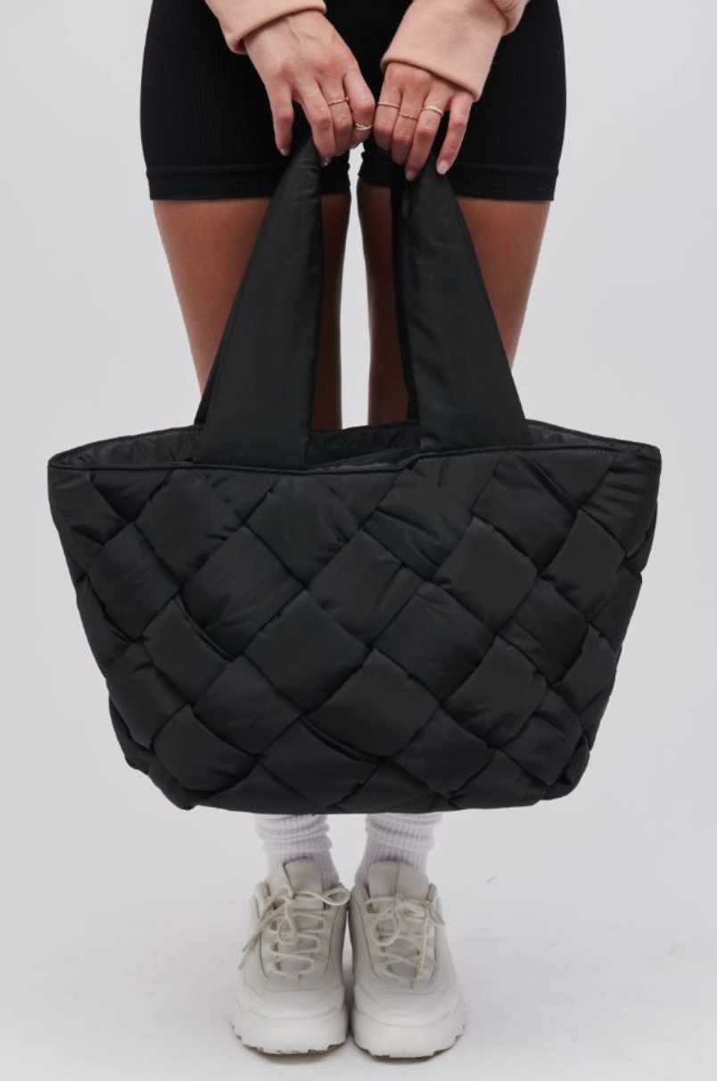 Black Quilted Woven Tote