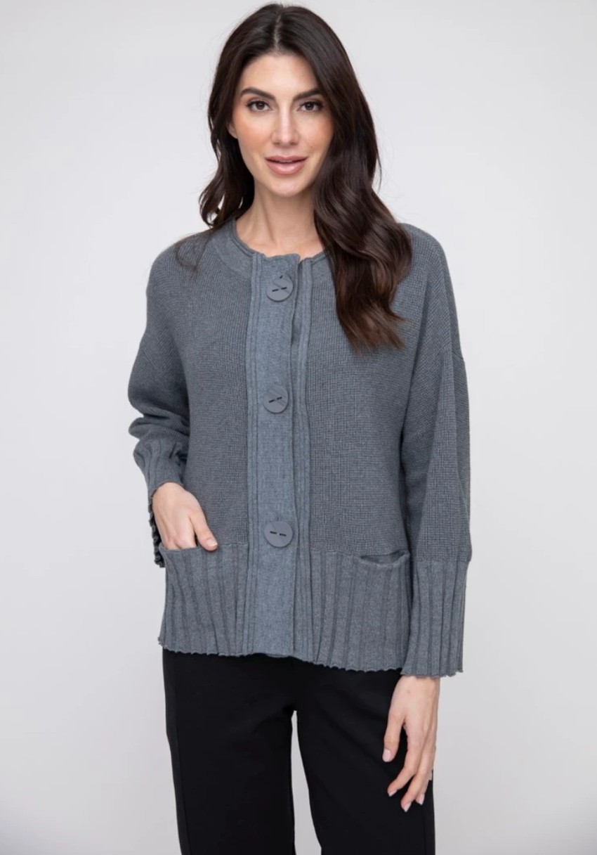 Liv Ribbed Hemline Gray Cardigan