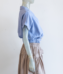 Linen V Neck Elastic Waistband Blouse