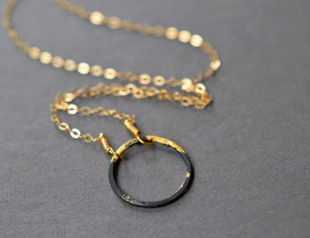 Gold Leaf on Blackened Steel Circle Necklace