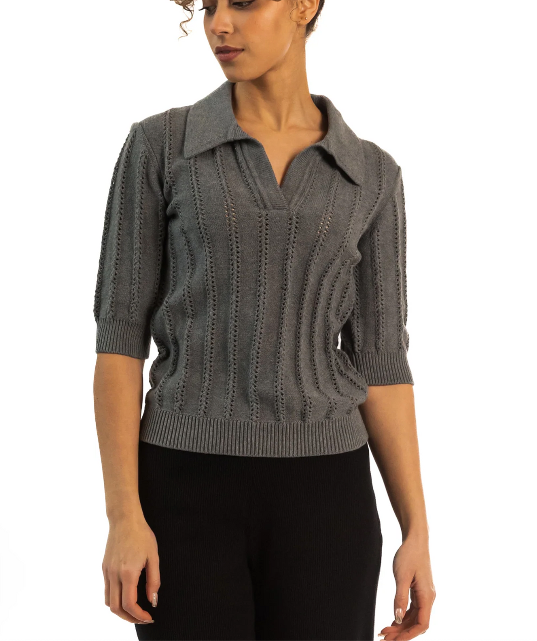 Paper Label Pointelle Polo Knit Blouse